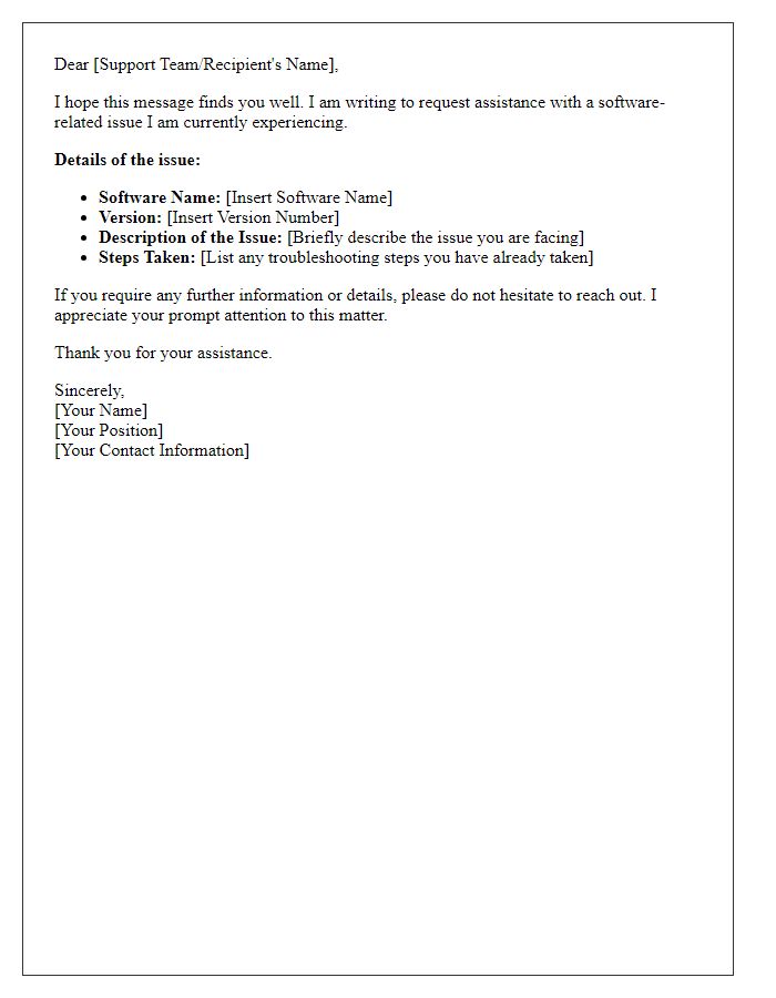 Letter template of software troubleshooting assistance request