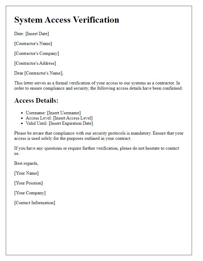 Letter template of System Access Verification for Contractors