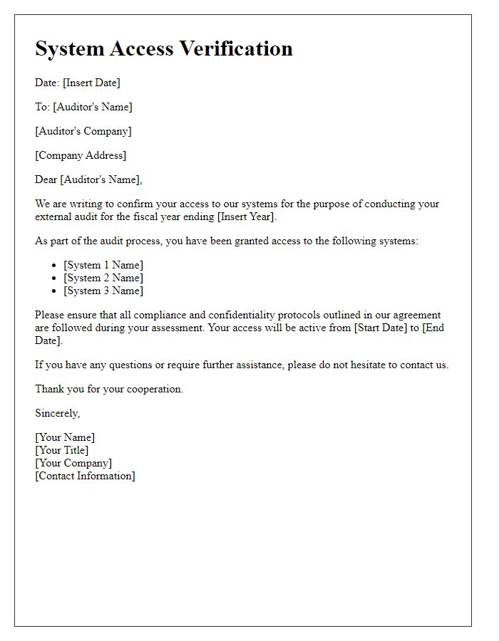 Letter template of System Access Verification for External Auditors