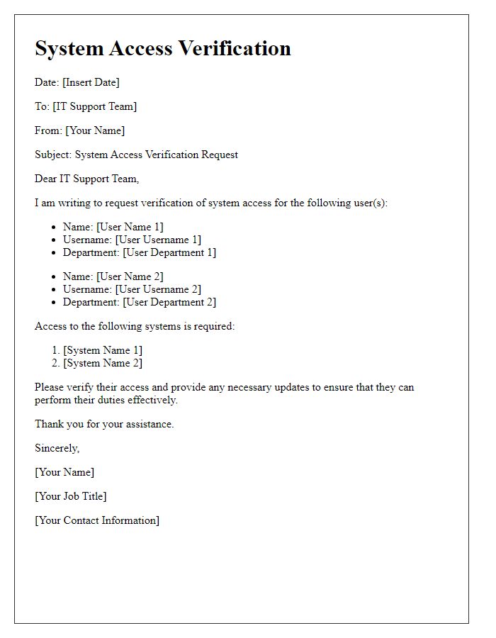 Letter template of System Access Verification for IT Support