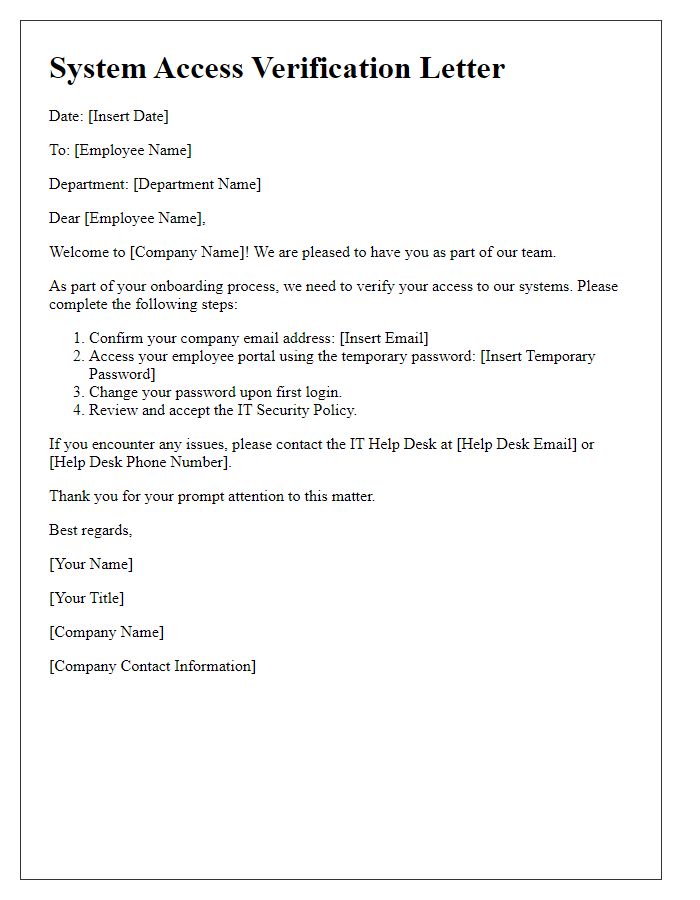 Letter template of System Access Verification for New Employees