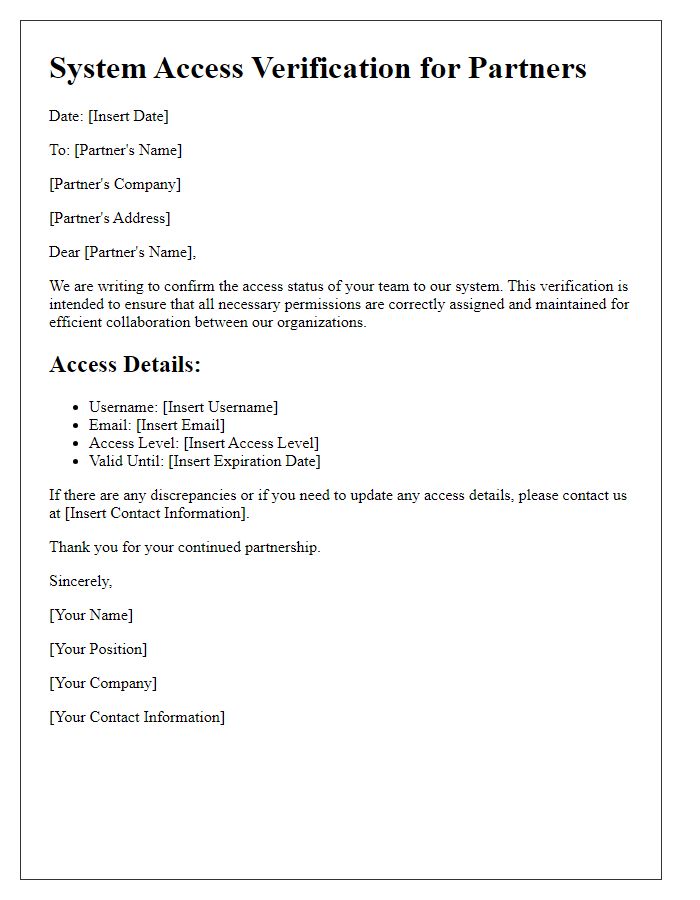 Letter template of System Access Verification for Partners