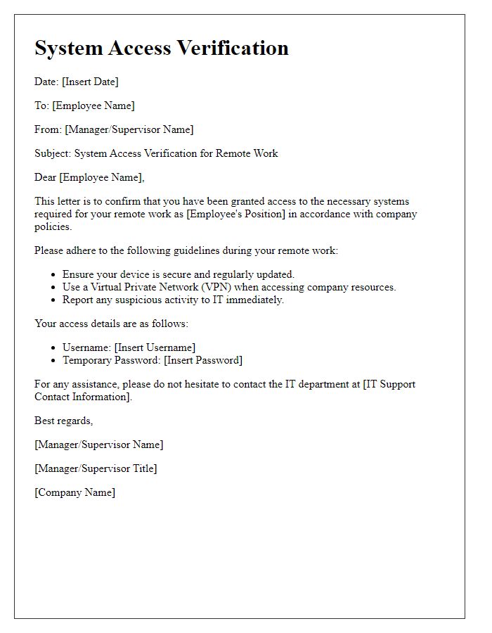 Letter template of System Access Verification for Remote Workers