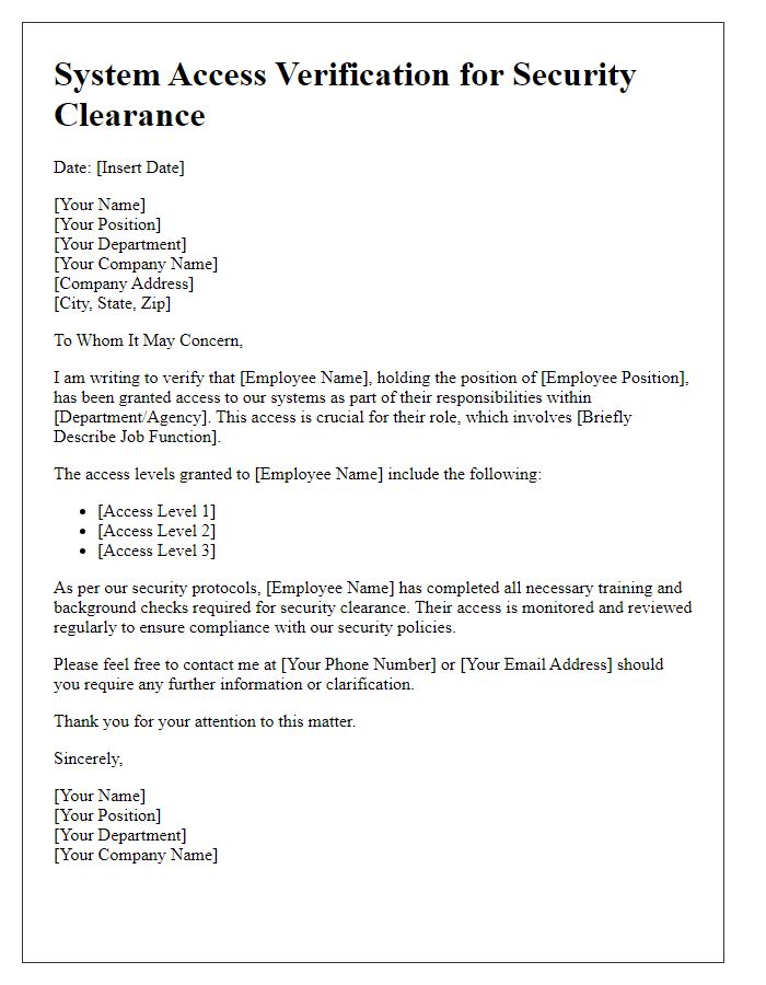 Letter template of System Access Verification for Security Clearance