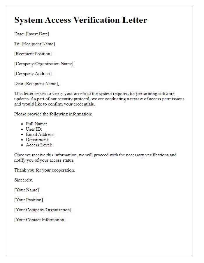 Letter template of System Access Verification for Software Updates