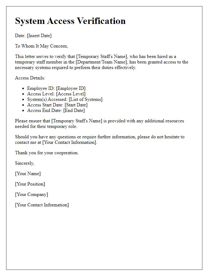 Letter template of System Access Verification for Temporary Staff