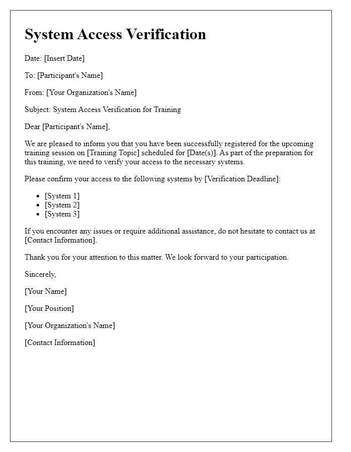 Letter template of System Access Verification for Training Participants