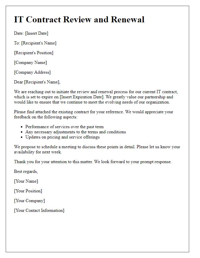 Letter template of IT contract review and renewal