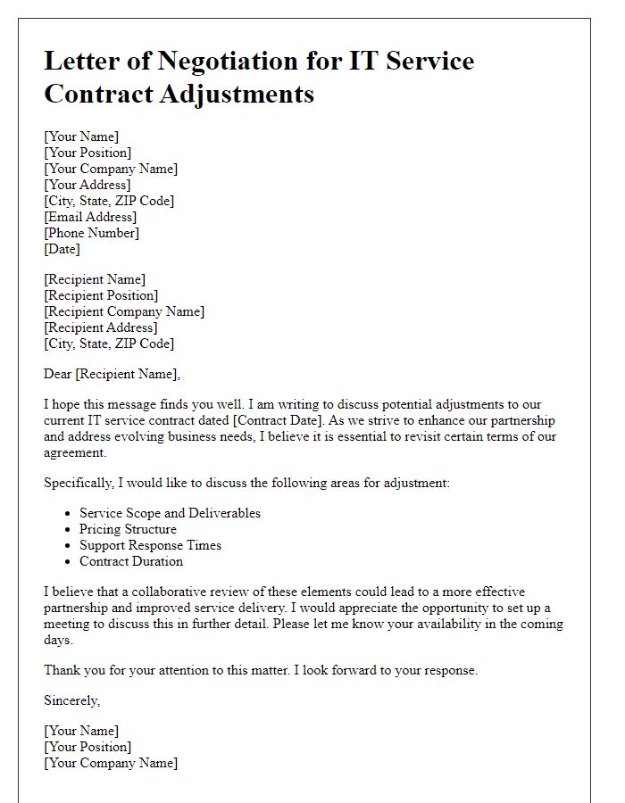 Letter template of IT service contract adjustments negotiation