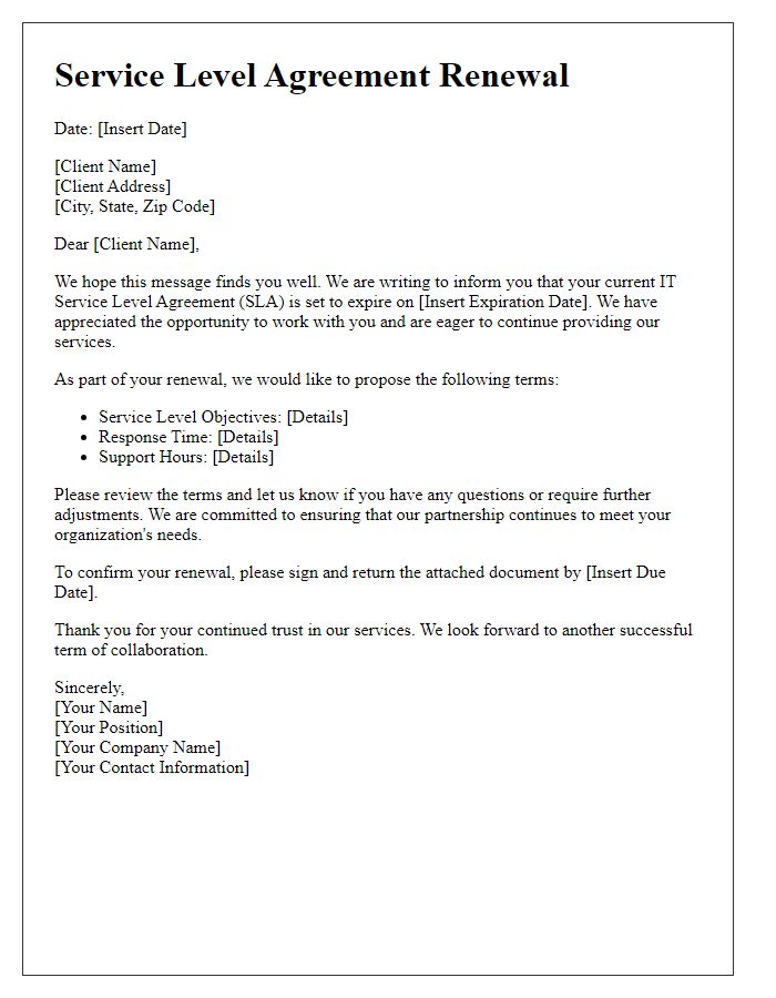 Letter template of IT service level agreement renewal