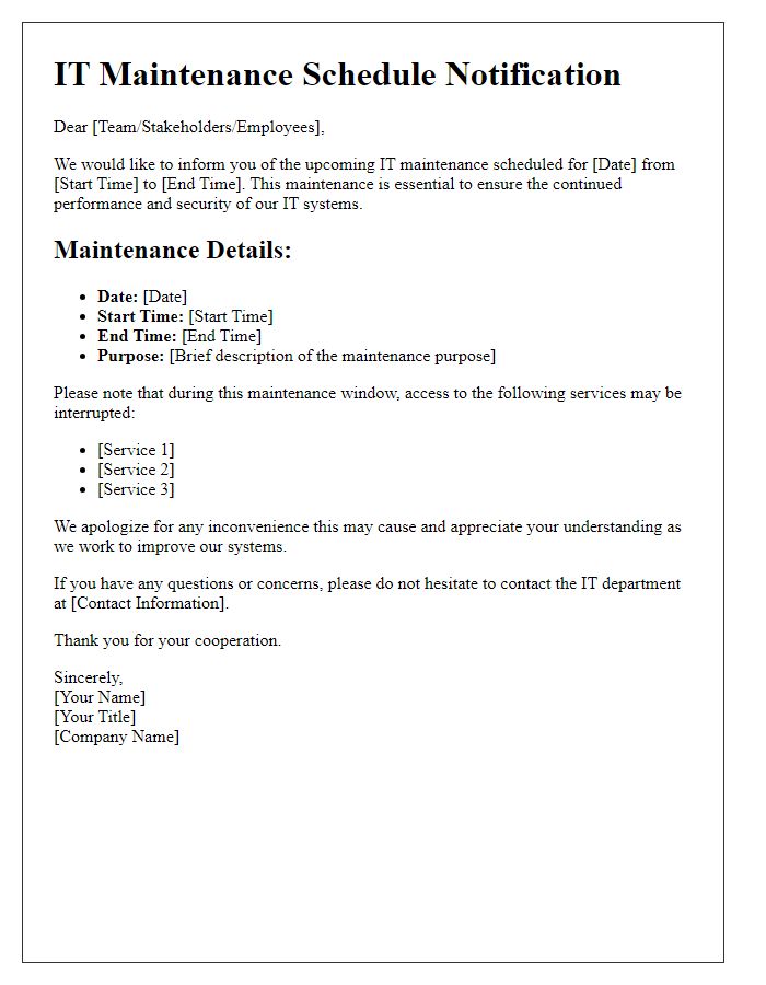 Letter template of IT Maintenance Schedule Communication