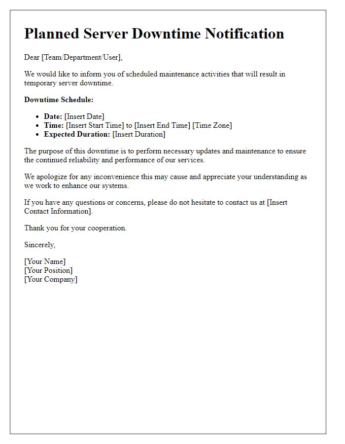 Letter template of Planned Server Downtime Notification