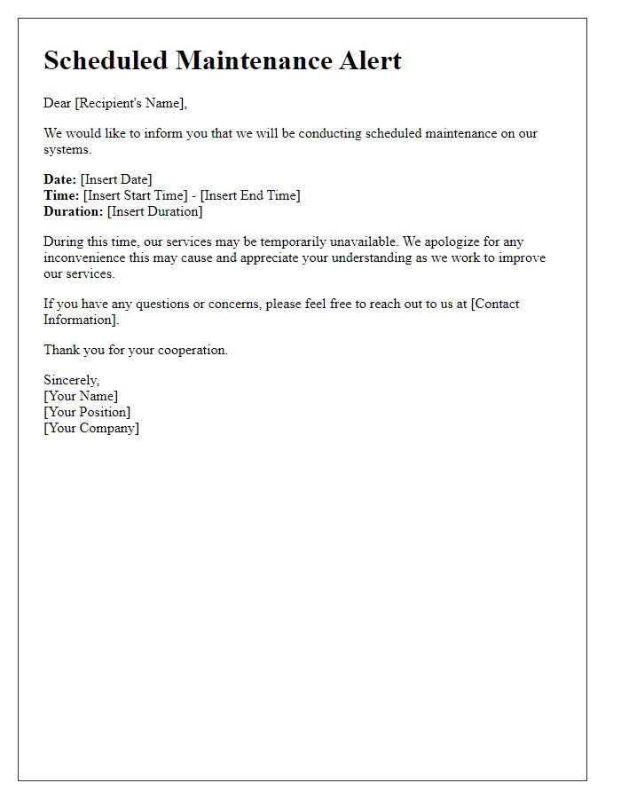 Letter template of Scheduled Maintenance Alert