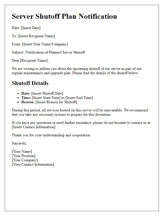 Letter template of Server Shutoff Plan