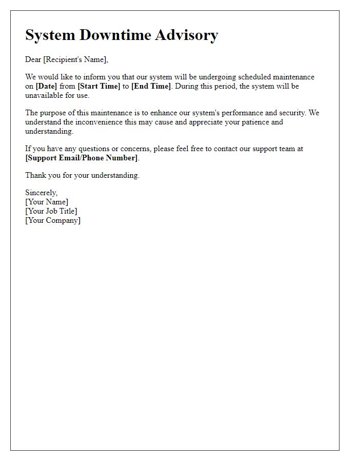 Letter template of System Downtime Advisory