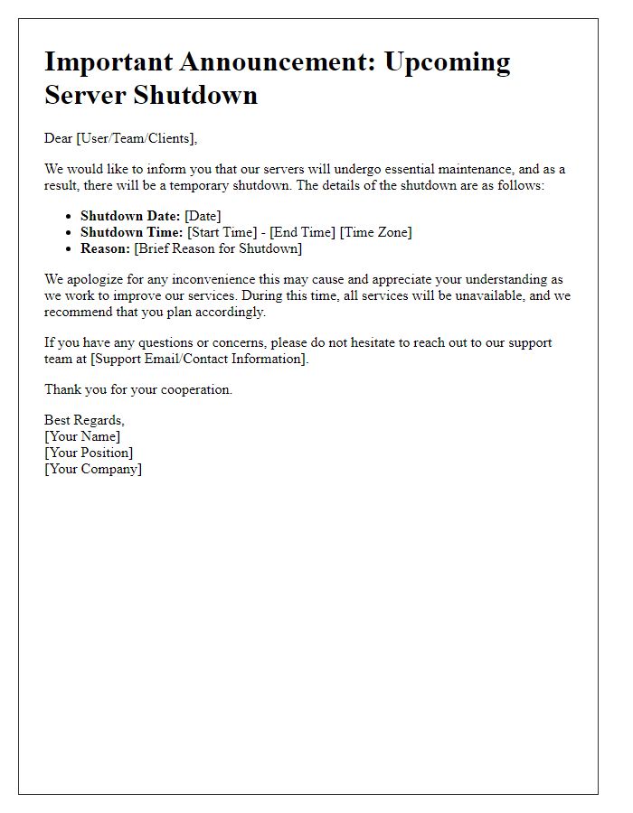 Letter template of Upcoming Server Shutdown Announcement