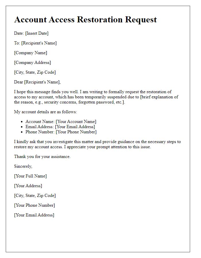 Letter template of account access restoration.