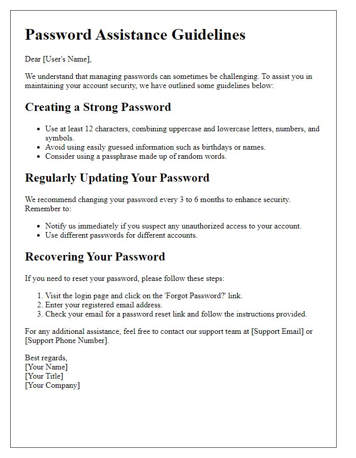 Letter template of password assistance guidelines.