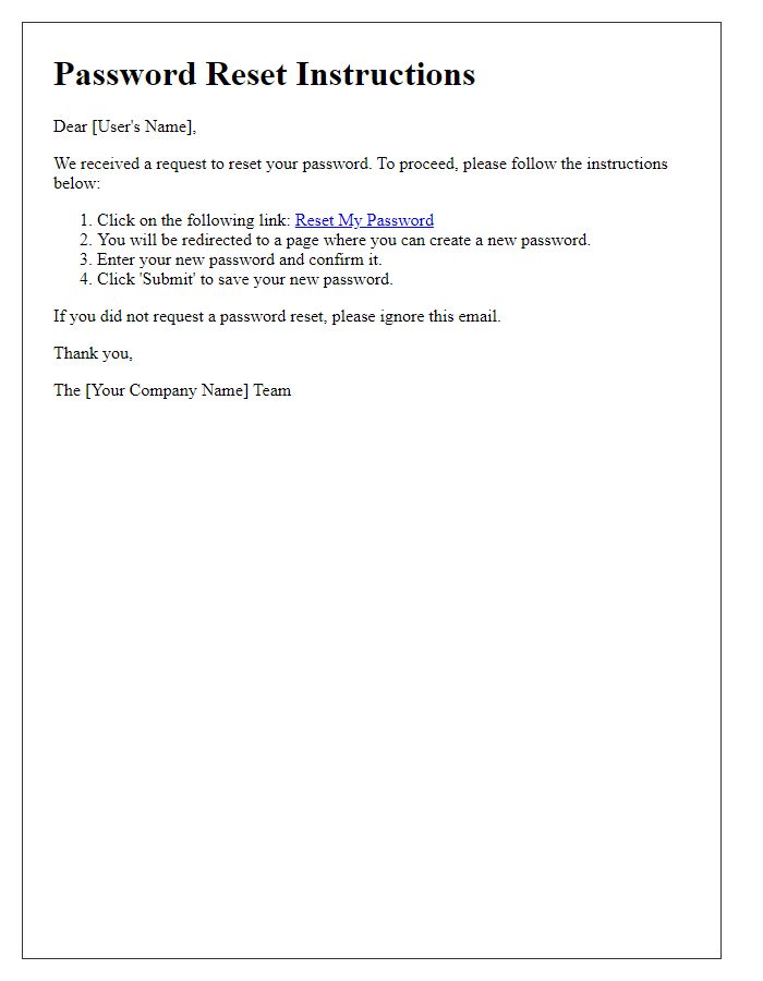 Letter template of password reset instructions.