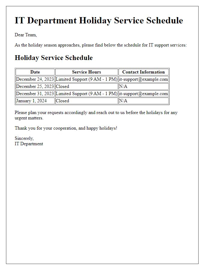 Letter template of IT holiday service schedule.