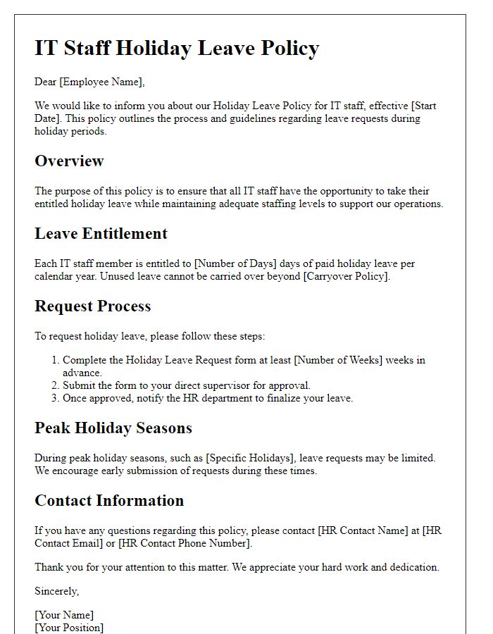 Letter template of IT staff holiday leave policy.