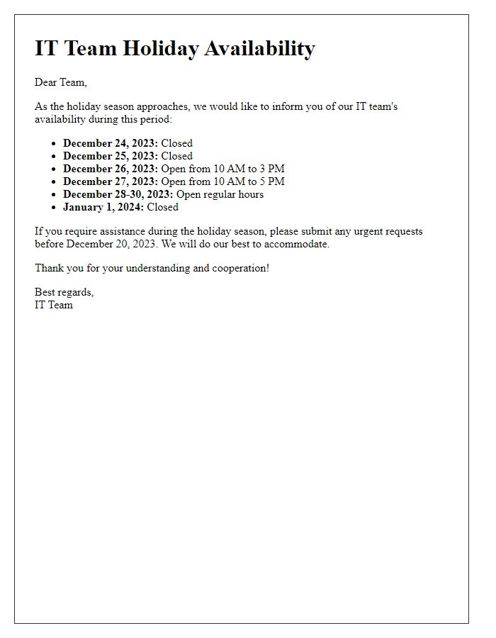 Letter template of IT team holiday availability.