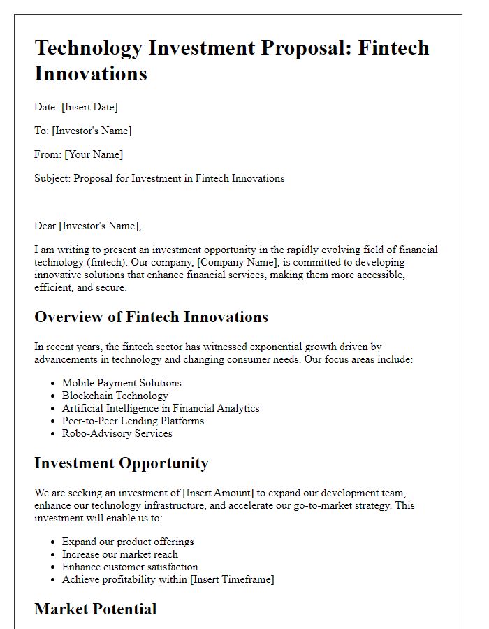 Letter template of a technology investment proposal centered on fintech innovations.