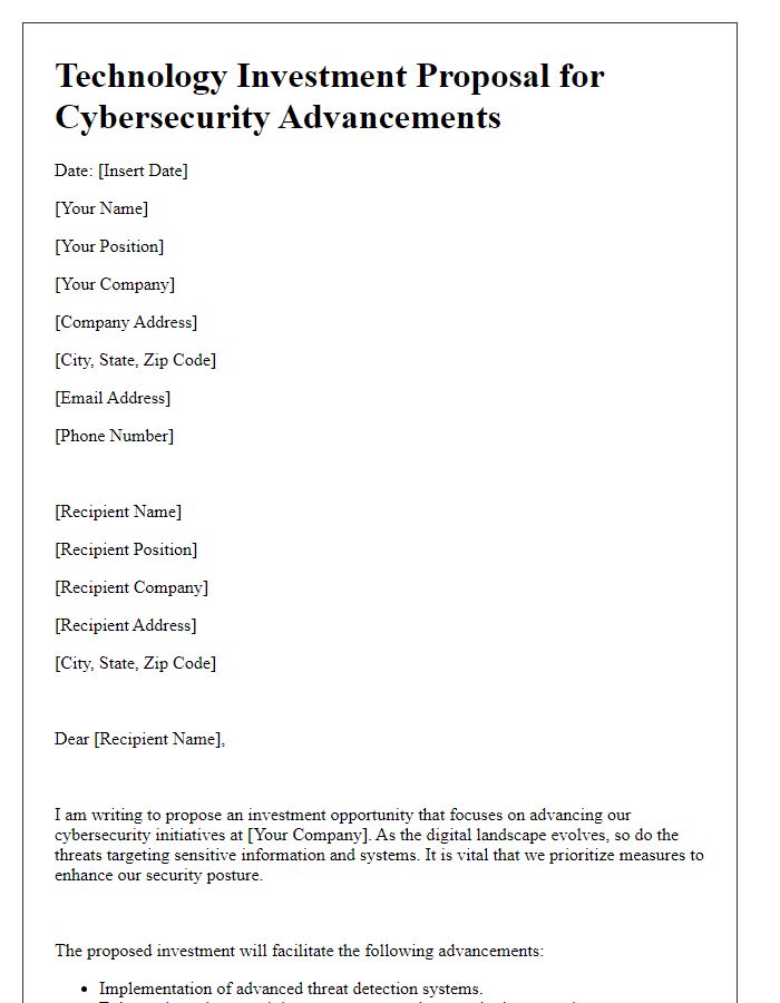 Letter template of a technology investment proposal for cybersecurity advancements.