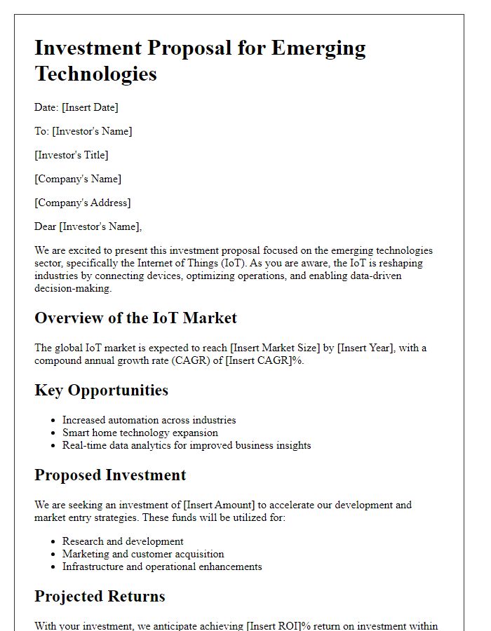 Letter template of a technology investment proposal for emerging technologies like IoT.