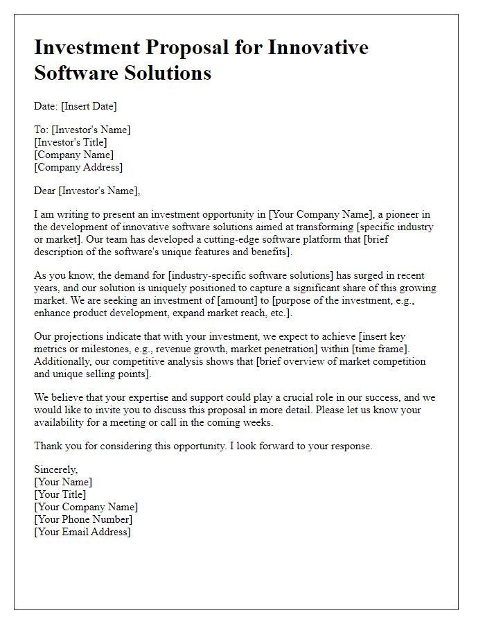 Letter template of a technology investment proposal focusing on innovative software solutions.