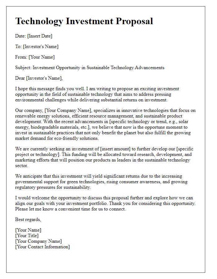 Letter template of a technology investment proposal highlighting sustainable tech advancements.