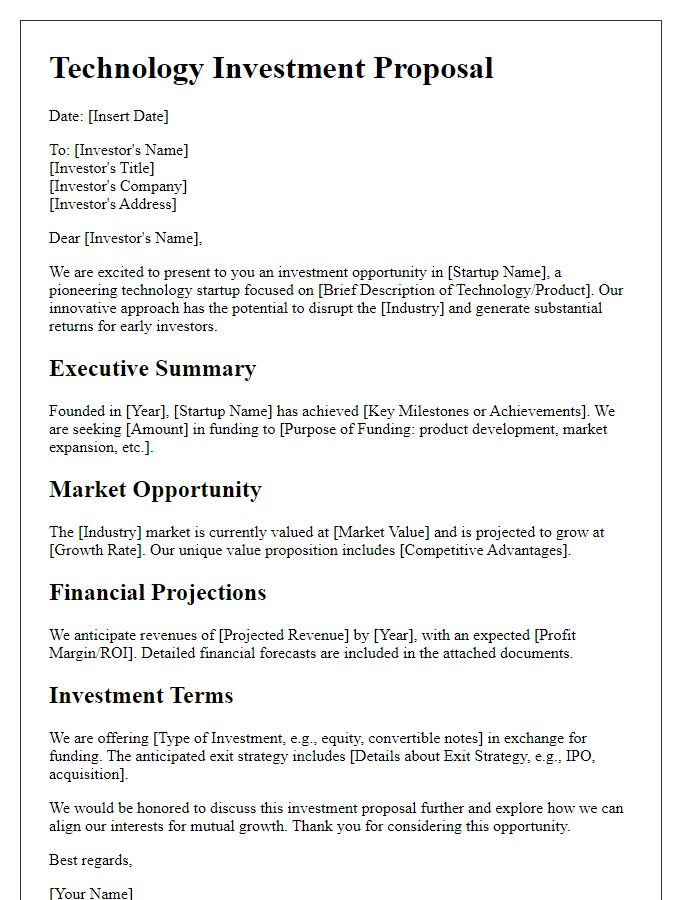 Letter template of a technology investment proposal for startups seeking funding.