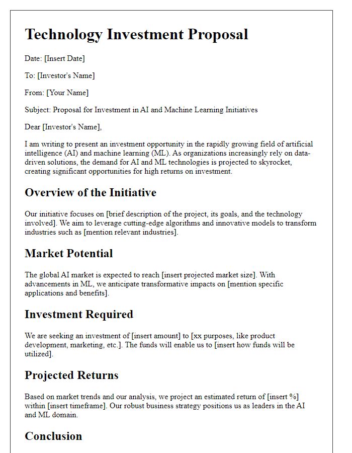 Letter template of a technology investment proposal targeting AI and machine learning initiatives.