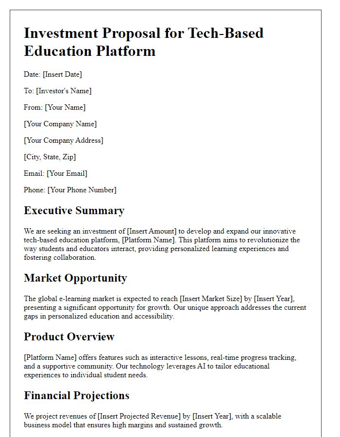 Letter template of a technology investment proposal for a tech-based education platform.