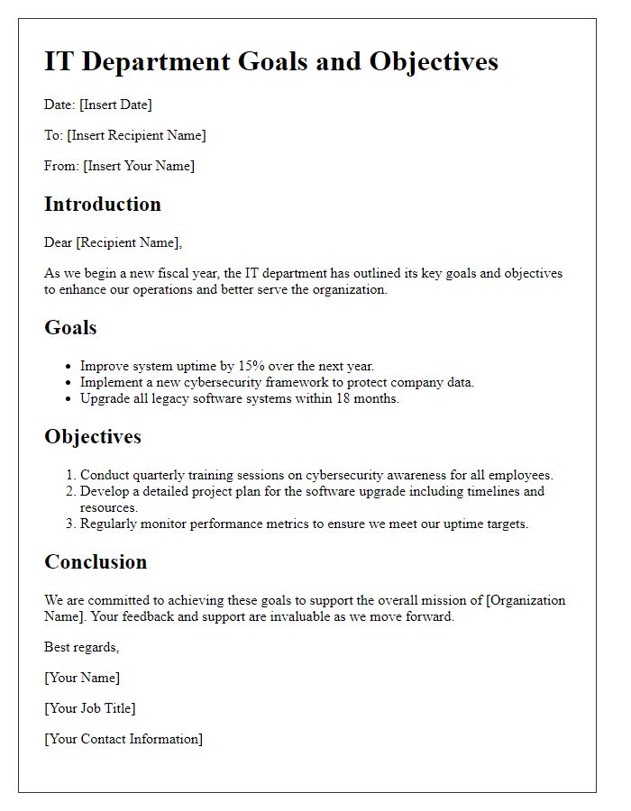 Letter template of IT department goals and objectives.