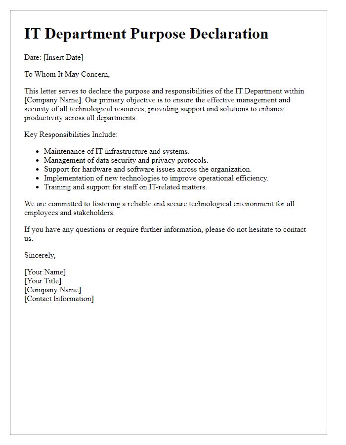 Letter template of IT department purpose declaration.