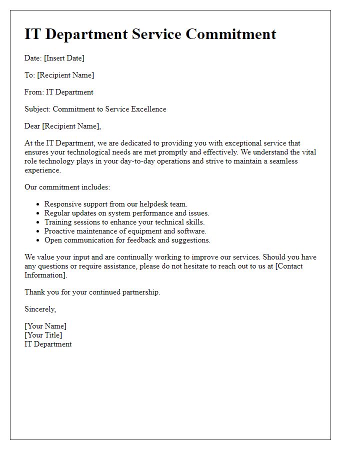 Letter template of IT department service commitment.