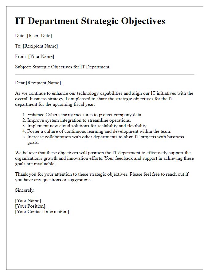 Letter template of IT department strategic objectives.