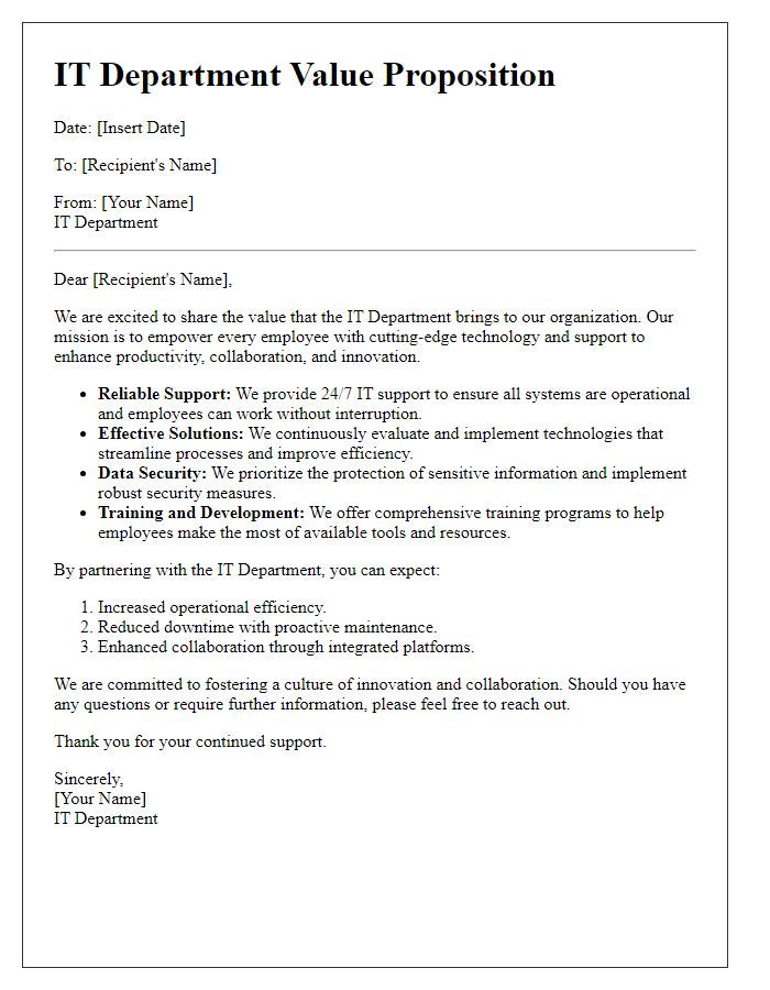 Letter template of IT department value proposition.