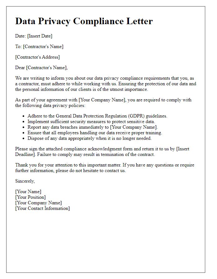 Letter template of data privacy compliance for contractors.