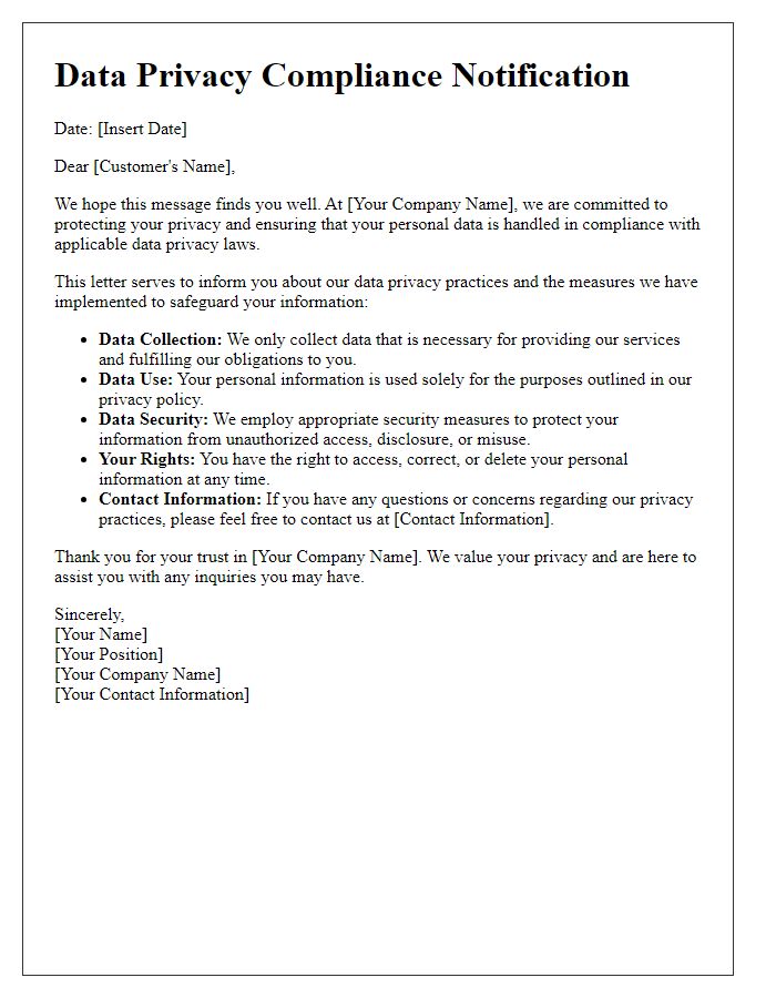 Letter template of data privacy compliance for customers.