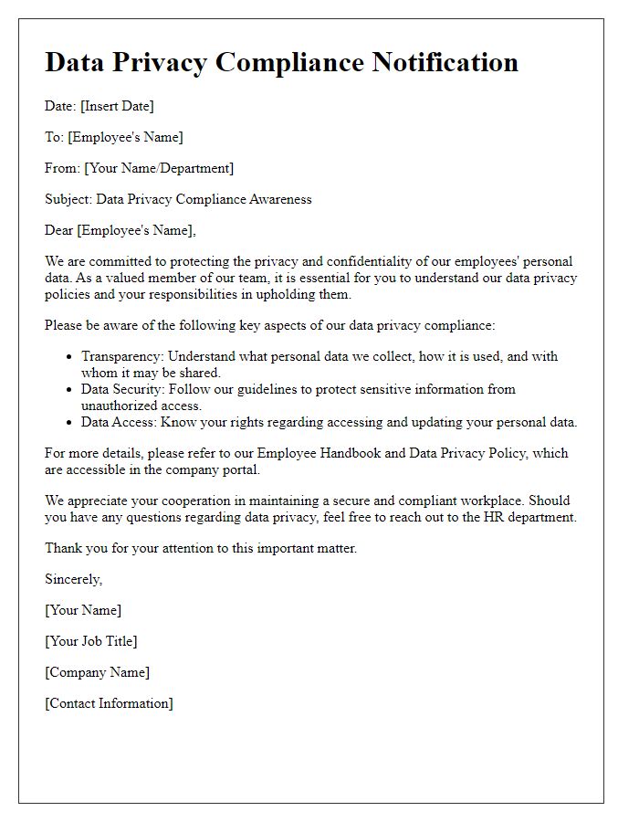 Letter template of data privacy compliance for employees.