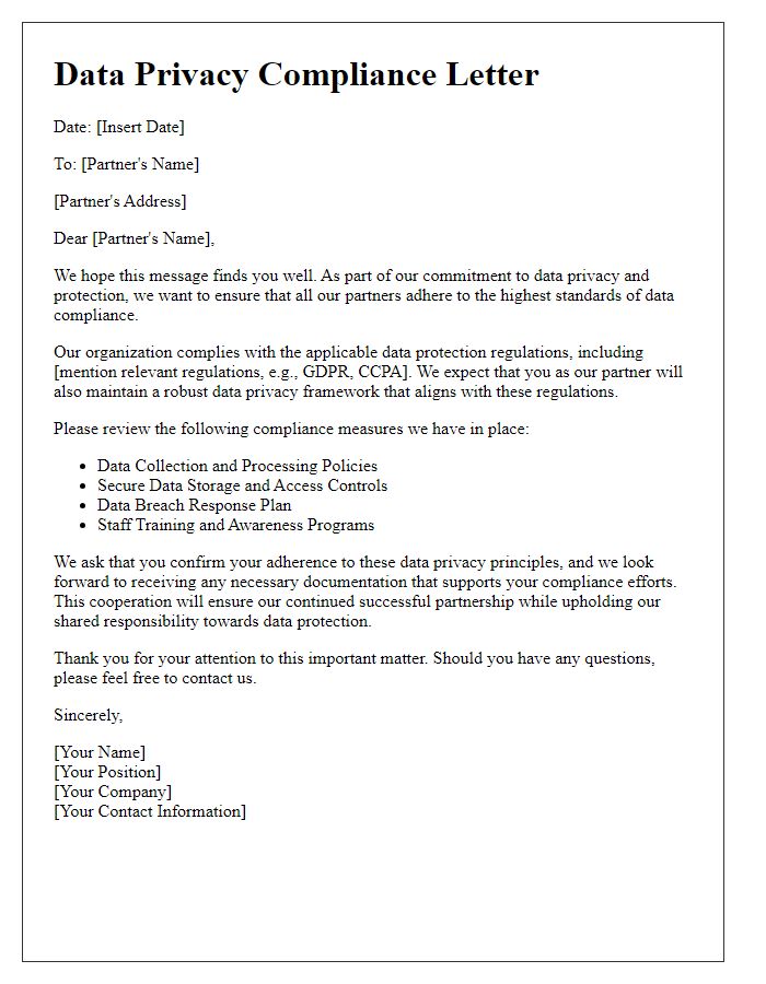Letter template of data privacy compliance for partners.