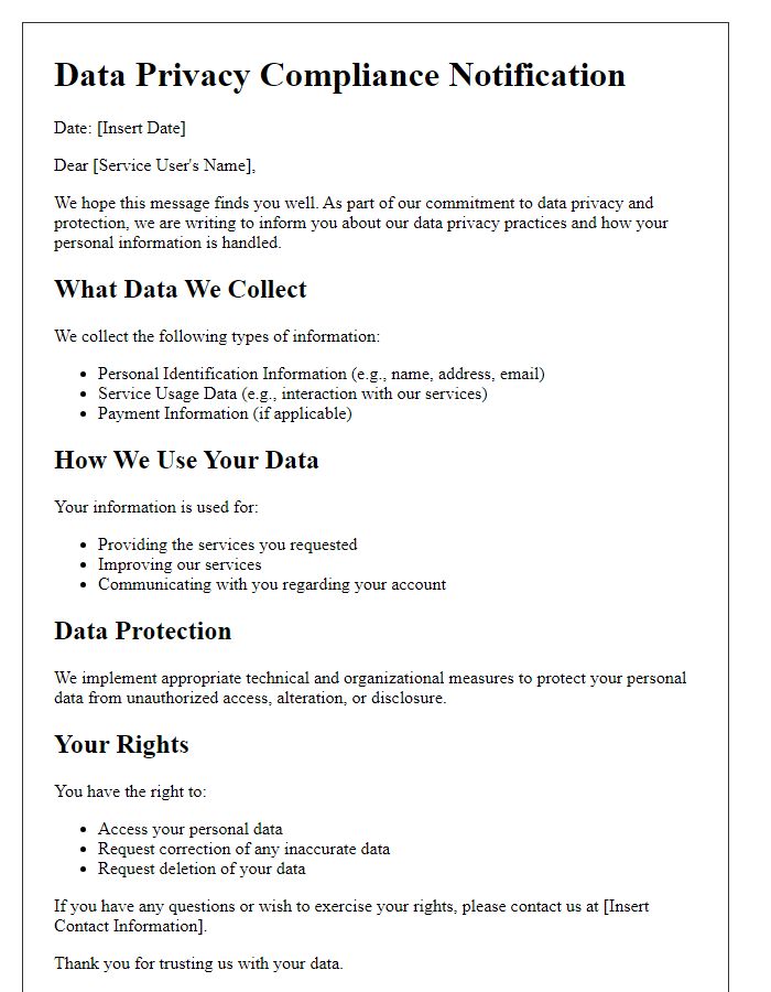 Letter template of data privacy compliance for service users.