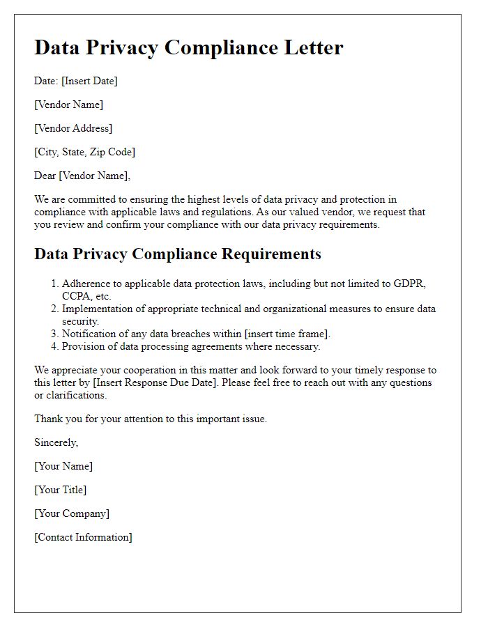 Letter template of data privacy compliance for vendors.