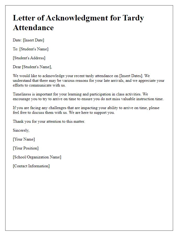 Letter template of acknowledgment for tardy attendance