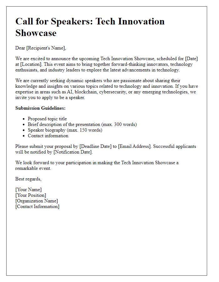 Letter template of Call for Speakers for Tech Innovation Showcase