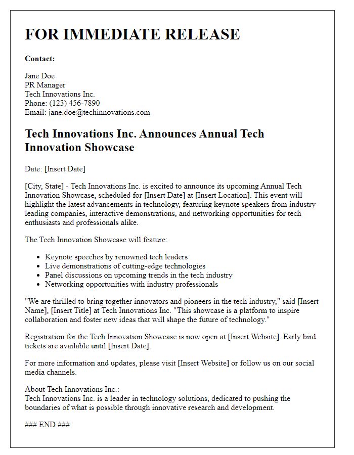 Letter template of Press Release for Tech Innovation Showcase Announcement