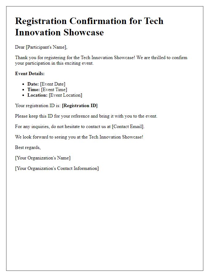 Letter template of Registration Confirmation for Tech Innovation Showcase