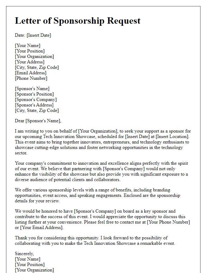 Letter template of Sponsorship Request for Tech Innovation Showcase